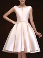 Choies Nude Plunge Neck Bowknot Waist Lacing Back Prom Skater Dress