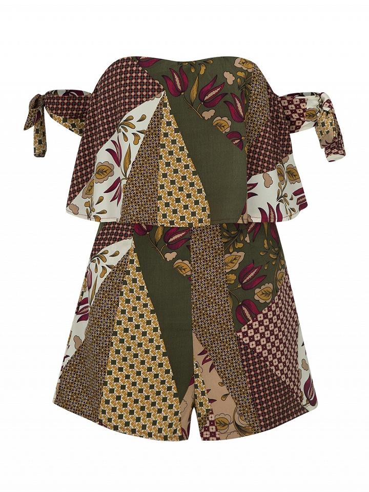 Choies Multicolor Off Shoulder Bow Detail Layered Top Romper Playsuit