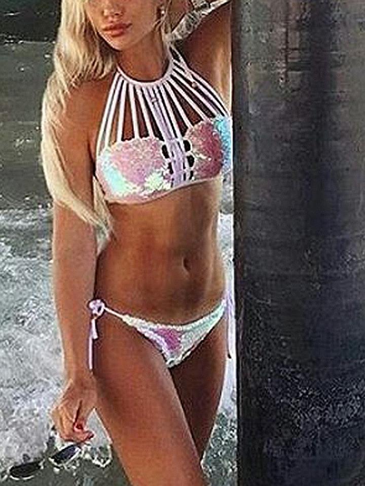 Choies Pink Halter Sequin Detail Bikini Top And Bottom