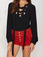 Choies Black V-neck Lace Up Front Plain Blouse