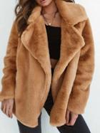 Choies Light Brown Lapel Long Sleeve Chic Women Fluffy Coat