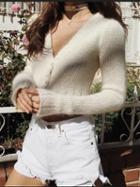 Choies White V-neck Button Placket Front Long Sleeve Chic Women Knit Sweater