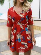 Choies Red V-neck Floral Print Cut Out Detail Mini Dress