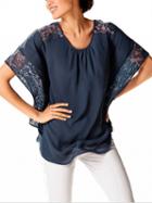 Choies Dark Blue Crew Neck Lace Panel Batwing Sleeve Blouse