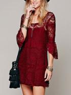 Choies Burgundy Flare Sleeve Overlay Lace Mini Dress