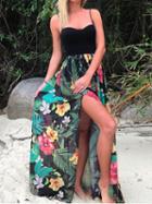 Choies Polychrome Floral Print Thigh Split Side Chic Women Cami Maxi Dress