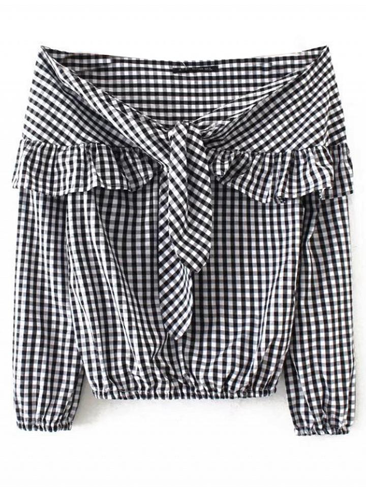 Choies Monochrome Plaid Off Shoulder Tie Front Ruffle Detail Blouse