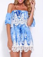 Choies Blue Off Shoulder Crochet Panel Overlay Dress