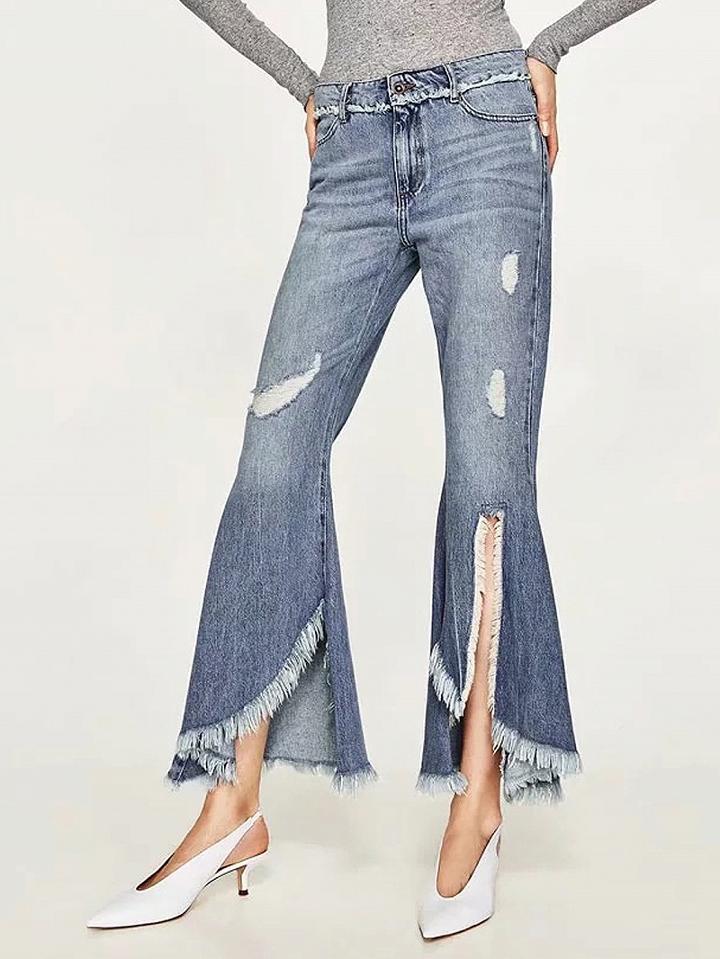 Choies Blue Light Wash Ripped Raw Hem Flare Jeans