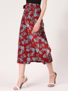 Choies Red Floral Print Tie Waist Wrap Midi Skirt