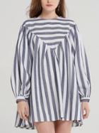 Choies Gray Stripe Cotton Blend Puff Sleeve Chic Women Mini Dress