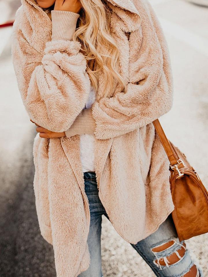 Choies Khaki Faux Fur Open Front Long Sleeve Chic Women Hoodie Coat