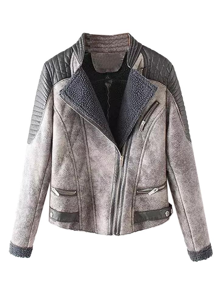 Choies Gray Lapel Pu Panel Shearling Lining Suedette Coat