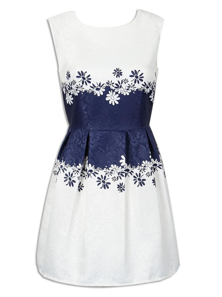 Choies White Floral Print Embroidery Sleeveless Ruched Dress