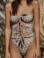Choies Light Brown Nylon Halter Polka Dot Print Tie Front Chic Women Swimsuit