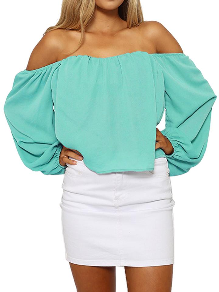 Choies Pale Turquoise Off Shoulder Bubble Sleeve Blouse