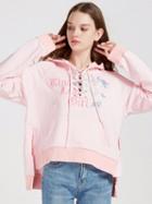 Choies Pink Lace Up Front Embroidery Rose Pouch Pocket Hoodie