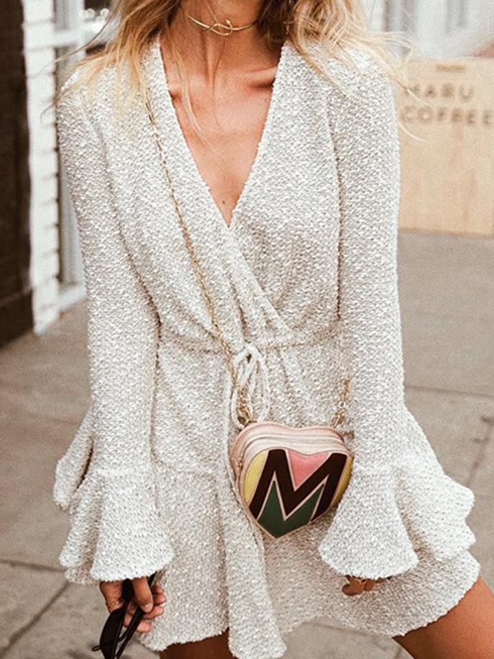 Choies White Plunge Ruffle Hem Flare Sleeve Chic Women Mini Dress