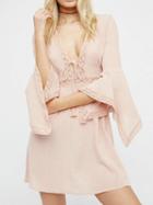 Choies Pink Plunge Tie Front Lace Trim Flared Sleeve Mini Dress