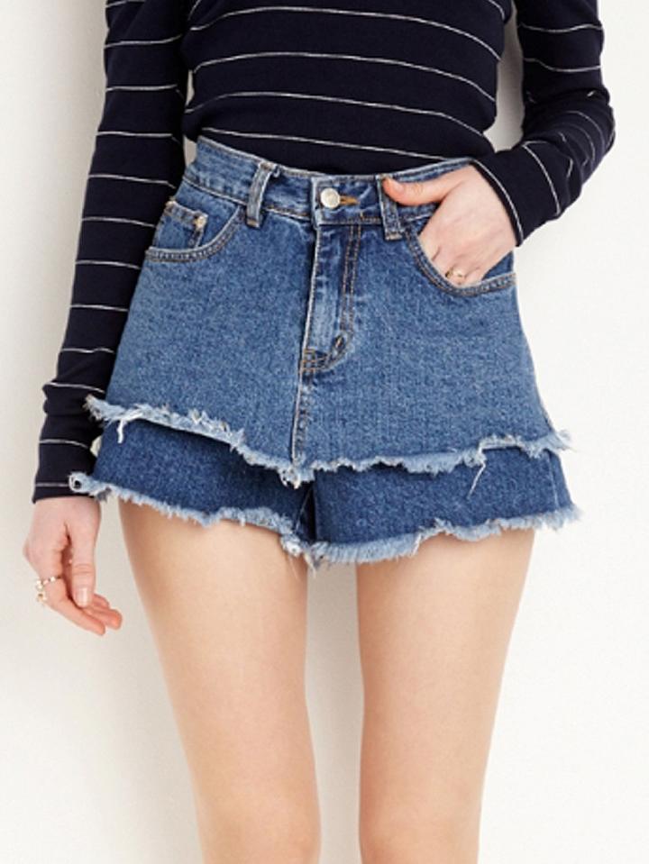 Choies Blue High Waist Raw Hem Layered Denim Shorts