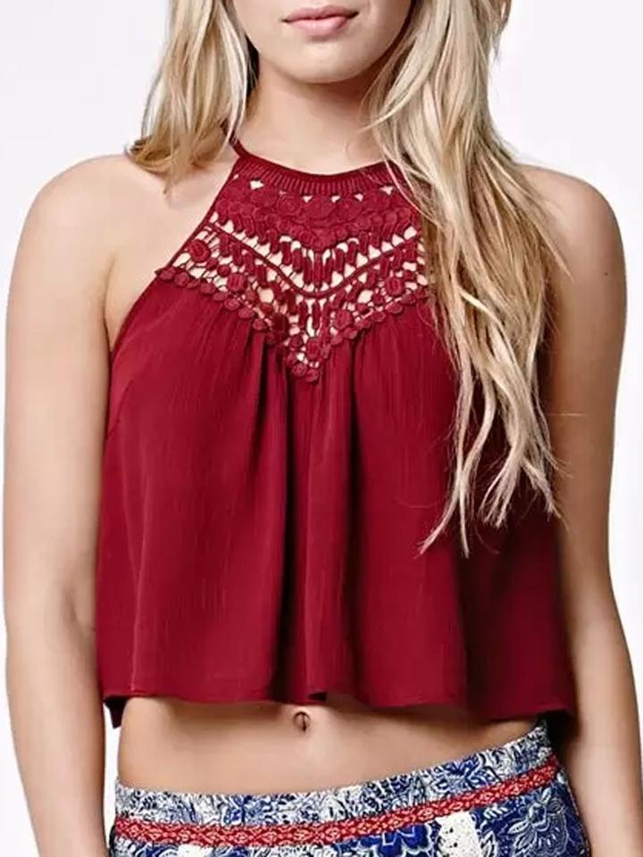 Choies Red Halter Lace Panel Cut Out Crop Top