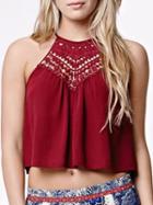 Choies Red Halter Lace Panel Cut Out Crop Top