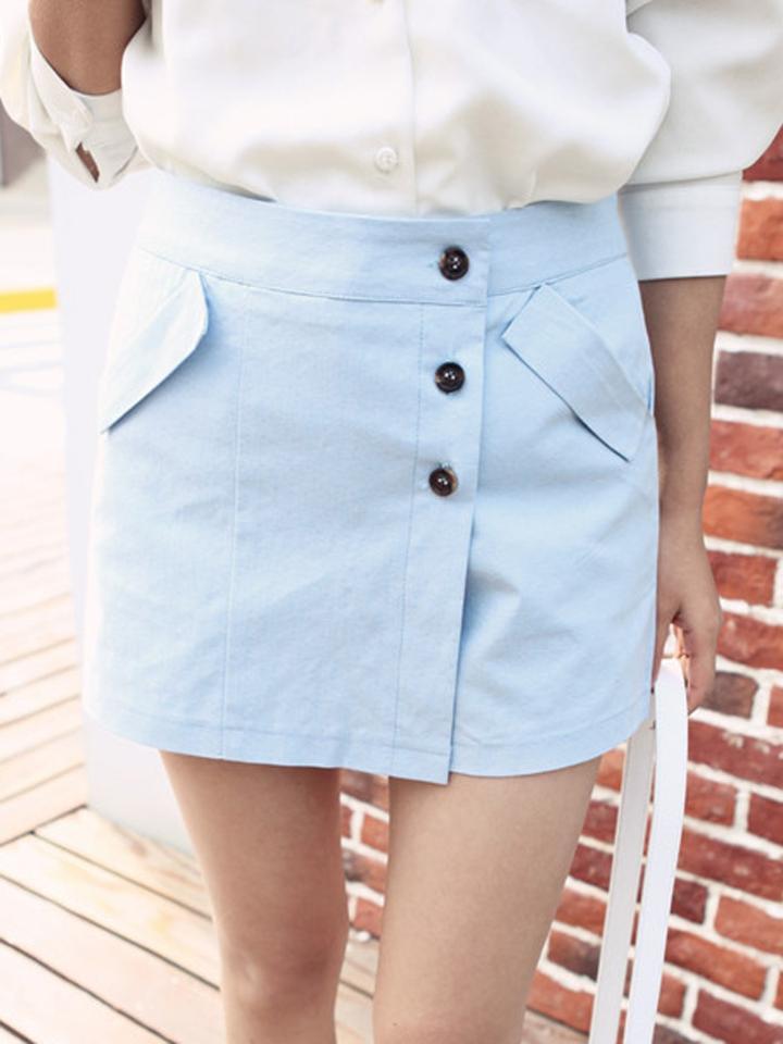 Choies Light Blue Asymmetric Button Front Skorts