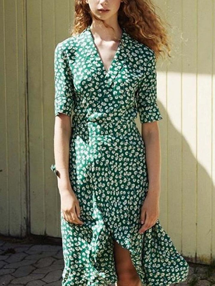 Choies Green V-neck Floral Print Tie Waist Chic Women Dress