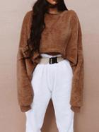 Choies Brown Crew Neck Long Sleeve Fluffy Crop Sweatshirt