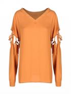Choies Dark Orange V Neck Detachable Lace-up Sleeve Top