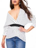 Choies Blue Stripe Plunge V-neck Long Sleeve Elastic Belt Shirt