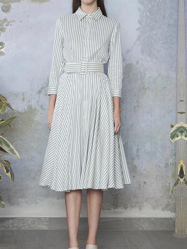 Choies Blue Stripe Button Placket Front Long Sleeve Chic Women Midi Dress