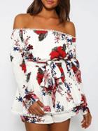 Choies White Off Shoulder Floral Print Pom Pom Trim Romper Playsuit