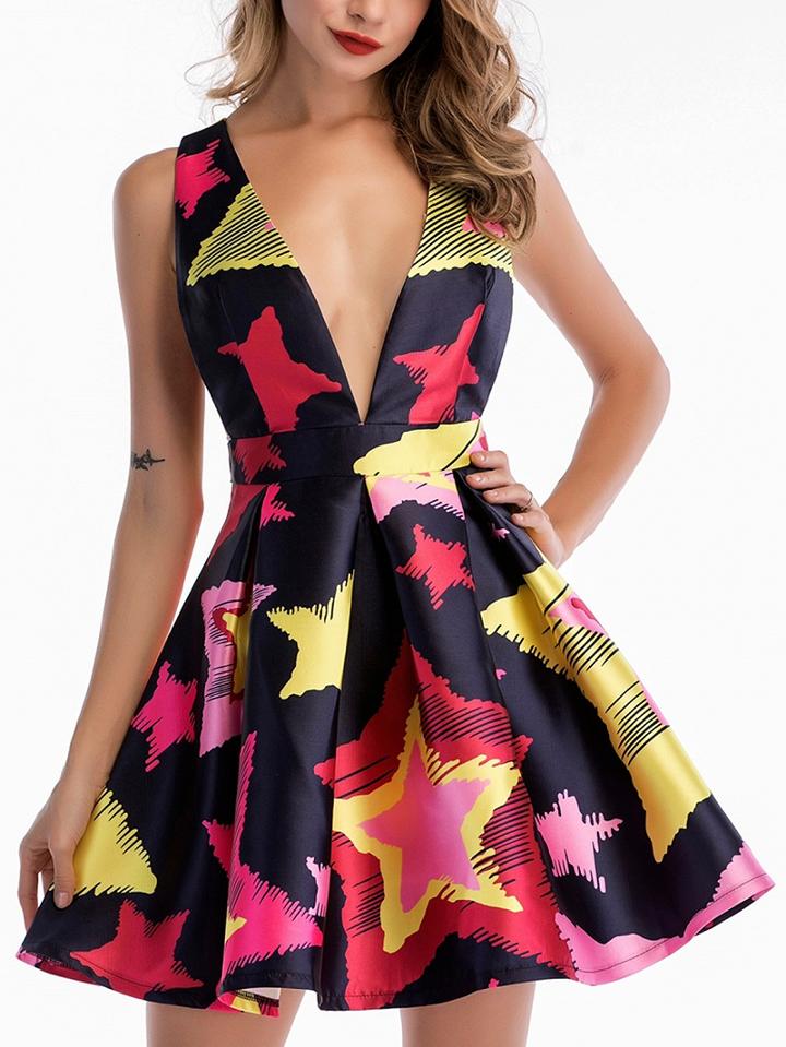 Choies Pink Plunge Star Print A-line Mini Dress