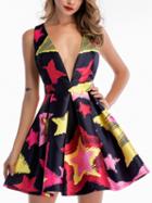 Choies Pink Plunge Star Print A-line Mini Dress
