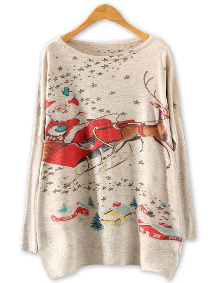 Choies Beige Bat Sleeve Santa Claus And Reindeer Knitted Sweater