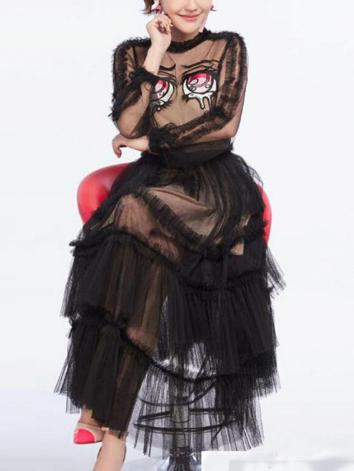 Choies Black Patch Detail Sheer Mesh Layered Midi Dress And Cami Lining