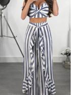 Choies Blue Stripe Cotton V-neck Chic Women Crop Cami Top And Wide Leg Pants