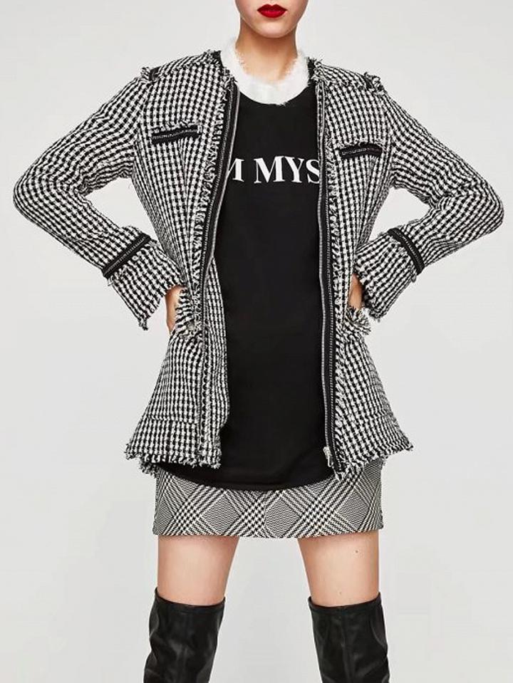 Choies Black Gingham Zip Front Raw Hem Wool Blend Long Sleeve Coat