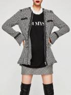 Choies Black Gingham Zip Front Raw Hem Wool Blend Long Sleeve Coat