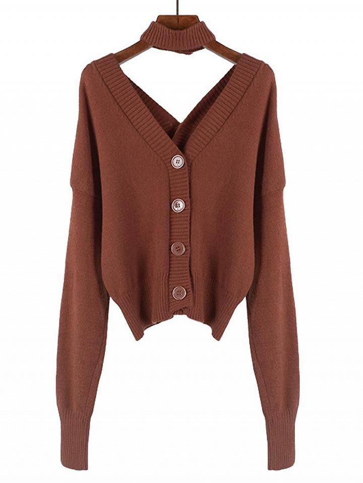 Choies Brown V-neck Button Front Long Sleeve Cardigan