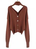 Choies Brown V-neck Button Front Long Sleeve Cardigan