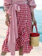 Choies Red Plaid Cotton High Waist Ruffle Trim Chic Women Maxi Skirt