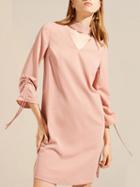 Choies Pink Plunge Choker Neck Drawstring 3/4 Sleeve Dress