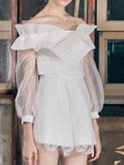 Choies White Off Shoulder Lace Panel Ruffle Trim Chic Women Romper Playsuit