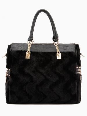 Choies Black Faux Fur Tote Bag With Zip And Studs Detail