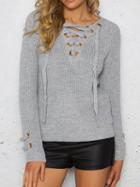 Choies Gray Eyelet Lace Up Front Long Sleeve Chic Women Knit Sweater