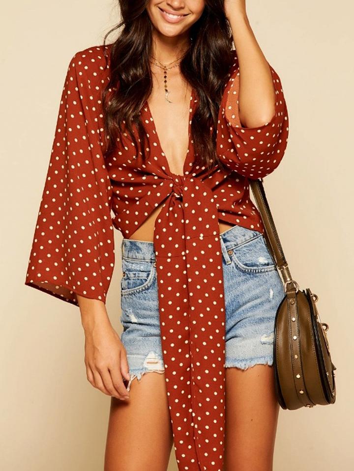 Choies Red V-neck Knot Front Polka Dot Long Sleeve Blouse