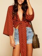 Choies Red V-neck Knot Front Polka Dot Long Sleeve Blouse