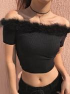 Choies Black Off Shoulder Fluffy Trim Knitted Crop Top
